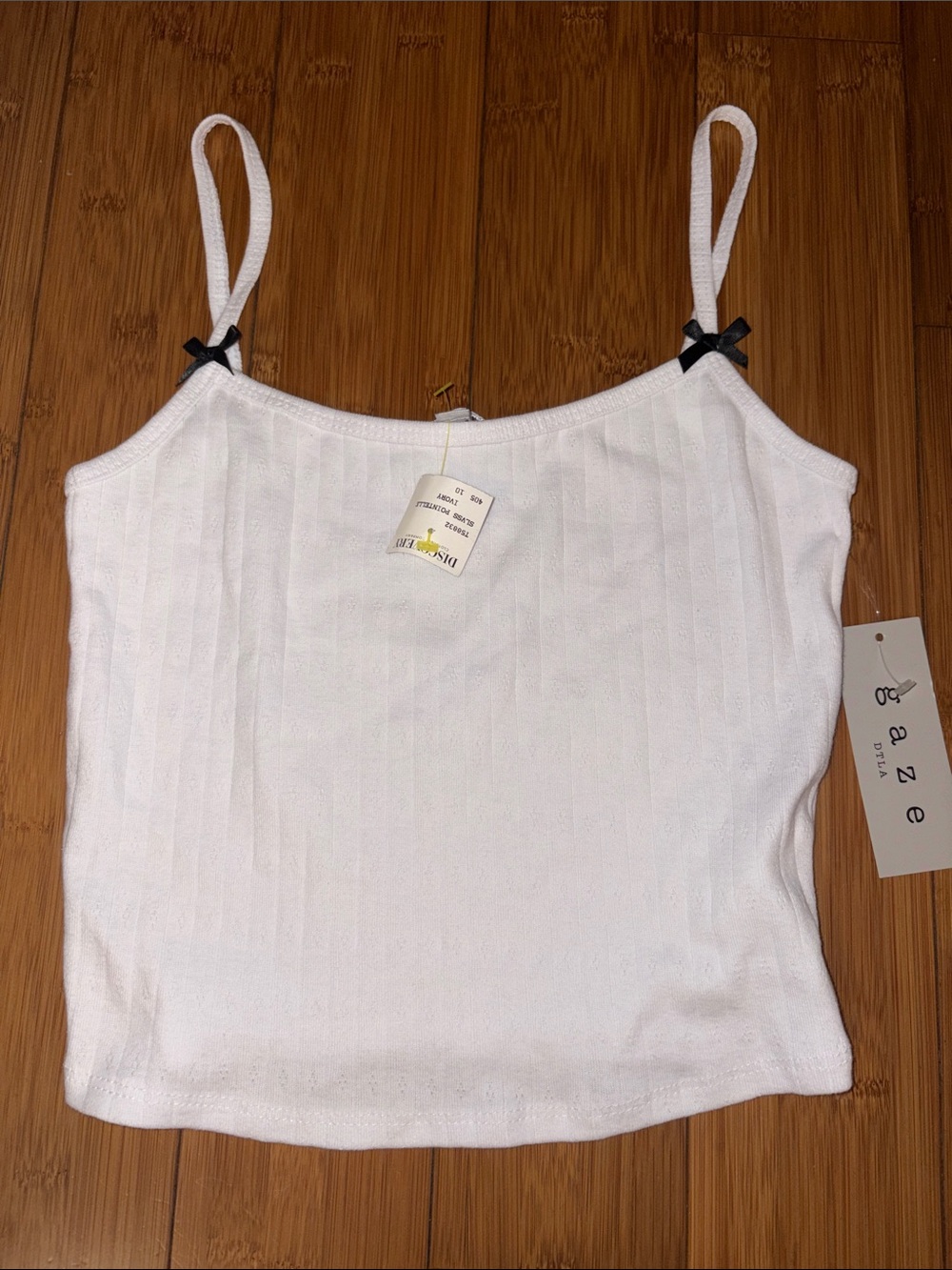 gaze White Ribbed Spaghetti-Strap Camisole with Black Bow Accents